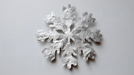 Simple silver rustic paper snowflake with a childlike cutout style on a white background