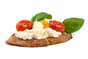 Bruschetta with Tomatoes, Ricotta and Basil, isolated on white background