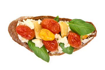 Tomato Bruschetta Bread with Ricotta and Basil, isolated on white background