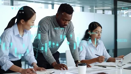 Three professionals work on documents at a conference table, digitally overlaid charts - Powered by Adobe