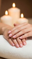 Beautiful woman's hands with pink manicure in a relaxing spa salon with candles