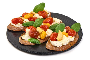 Tomato Bruschetta Bread with Ricotta and Basil, isolated on white background
