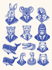Anthropomorphic animals in vintage suits, dressed in various styles, including casual, formal, and retro fashion elements. © bow