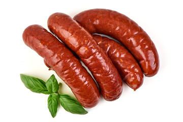 Smoked Sausages with Basil, isolated on white background