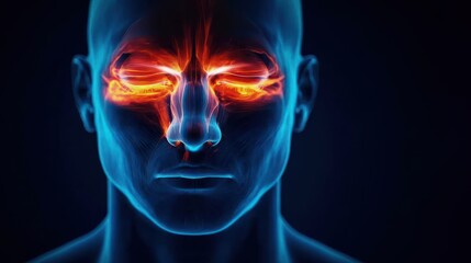 Man with glowing red eyes on a dark blue background, sinusitis, sinus infection, sinus headache