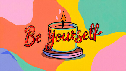 Vibrant illustration featuring candle, abstract background, and "Be Yourself" text, creating motivational, inspirational atmosphere perfect for self-expression and creativity inspired by positivity.