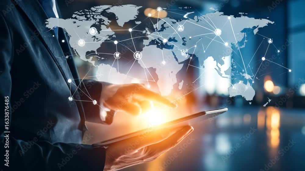 Wall mural person using tablet to display digital world map with connected nodes