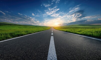 Naklejka premium Straight, empty asphalt road stretching toward a vibrant sunrise or sunset on the horizon, symbolizes a journey, a path forward, and the optimism and hope that come with a new beginning.