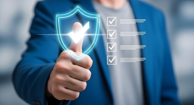 Futuristic Approval Gesture Featuring Thumb Up with Illuminated Shield and Checklist in Blue Blazer Background

