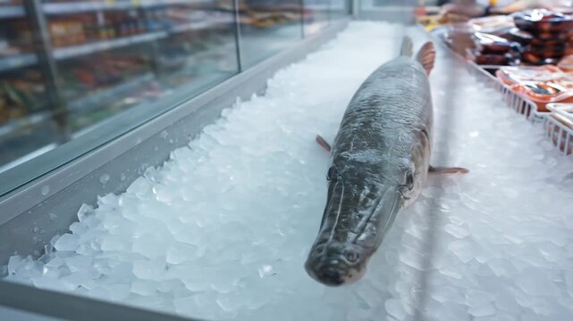 Fresh Alligator Gar on Ice at Seafood Market - A whole alligator gar rests on a bed of crushed ice in a refrigerated display case at a fish market.