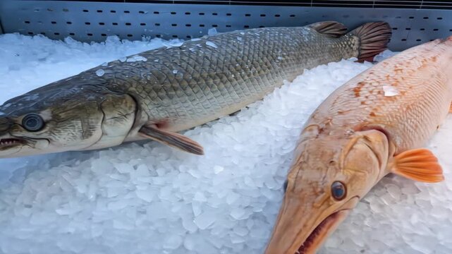 Fresh Alligator Gar on Ice at Fish Market - A large alligator gar lies on a bed of crushed ice in a fish market display. The fish's detailed scales and sharp teeth are clearly visible.