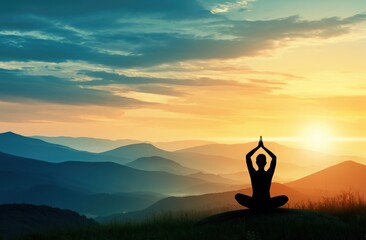 A yoga or meditation pose, silhouetted against a majestic mountain landscape as a luminous sun rises, symbolizes tranquility, spiritual connection, a new beginning.