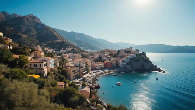Holidays in Greece, sunny seaside town wallpaper background. Tourist destinations, resorts, beautiful natural scenery. 4k video