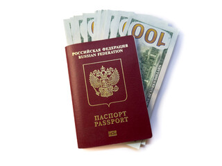Russian passport and hundred dollar bills. Entry tax to the USA, visa fee, visa tax, deposit of...