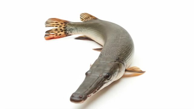 Alligator Gar Fish on White Background - A whole alligator gar fish is displayed against a stark white background.
