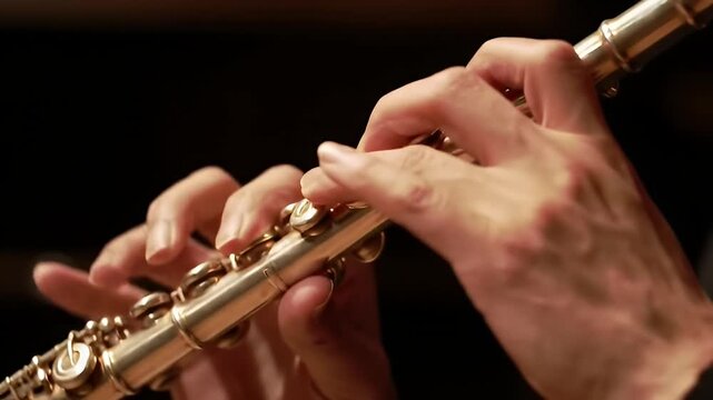 Close-up shot of hands playing a golden flute against a dark background