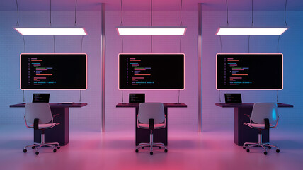 Modern coding stations in a futuristic workspace. 