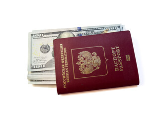 Russian passport and hundred dollar bills. Entry tax to the USA, visa fee, visa tax, deposit of...