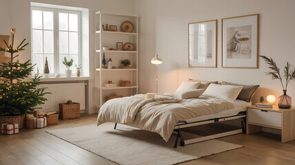 Fototapeta premium Cozy bedroom with Christmas tree, bed, and warm decor. 