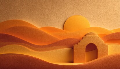 Desert scene, warm tones, 3D paper-cut