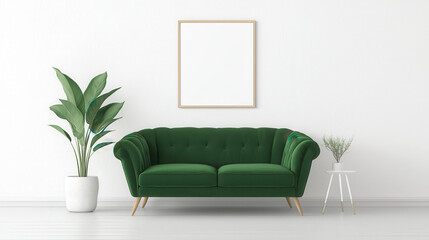 A modern, green velvet sofa paired with a white wall and decorative plants, creating a fresh and minimalist living space.