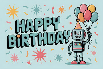  A cheerful retro robot wearing a party hat holds balloons next to a "Happy Birthday" message, with confetti and star shapes on a light blue background