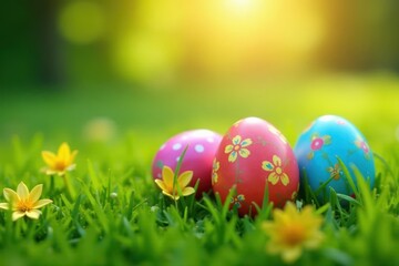 Colorful decorated eggs on green grass, sunlit scene, blossom, vibrant