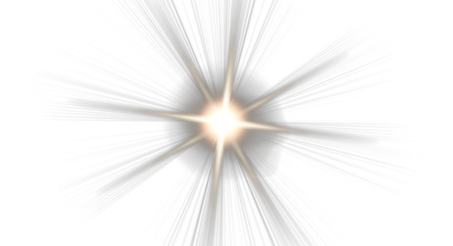 Dynamic golden starburst or lens flare effect with radiating beams, a vibrant and energetic design element with a transparent background for digital overlays and graphics.