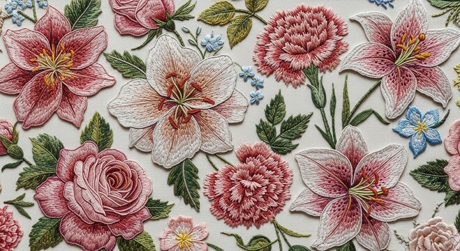Embroidery floral pattern with pink roses, lilies, and carnations. Needlework textile background.