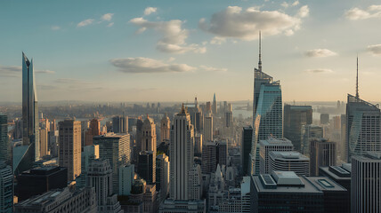 Naklejka premium New York City skyline at sunset. Dense urban landscape. 