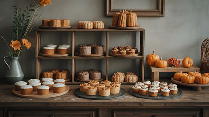 Obraz premium Autumn-themed mini cakes and pastries on tiered wooden display. 