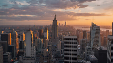 Fototapeta premium Vast cityscape at sunset, New York City skyline. 