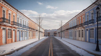 Empty snow-covered street between colorful buildings.
