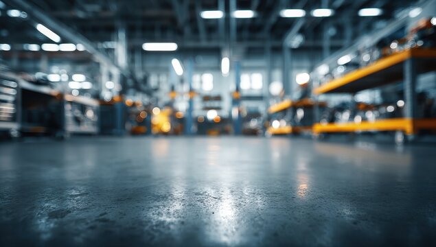 Industrial factory interior, blurred focus on concrete floor