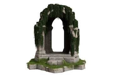 A weathered stone archway, heavily overgrown with ivy, sits atop a small, grassy base.  The arch is framed by pillars showing signs of age and decay, suggesting ancient ruins. 