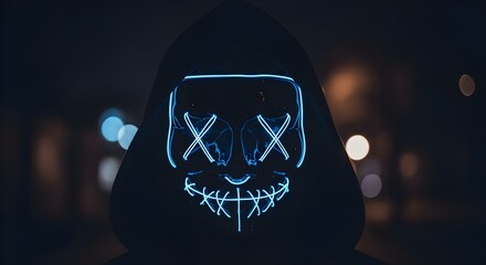 Mysterious Shadowy Figure Wearing Hooded Garment and Glowing Blue Neon Mask with Stitched Face Details in Dark Urban Setting

