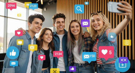 Group of happy young friends taking a selfie, surrounded by colorful social media icons representing likes, messages, comments, and online engagement.