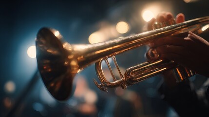 Fototapeta premium Close-up of a musician's hands playing a shiny trumpet during a vibrant live music performance.