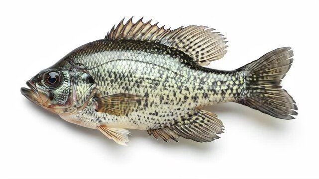 Freshly Caught Black Crappie - A single black crappie lies on a white background, showcasing its detailed scales and fins. The fish is presented in a profile view, highlighting its unique markings.
