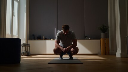  Self-Improvement Month. a man in a home gym doing stretching and breathing exercises, fitness and mental clarity concept, motivational vibe