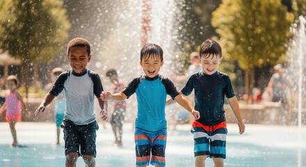 Three young boys of different ethnic backgrounds joyfully run and play together in a splash pad, water spraying around them on a sunny day.