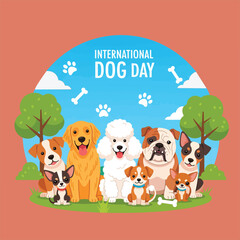 Cartoon image celebrating International Dog Day with an array of charming dog breeds in front of a blue sky, trees, and green grass backdrop.