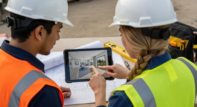 Two construction engineers in hard hats reviewing building plans on a tablet at a construction site, collaborating on a project