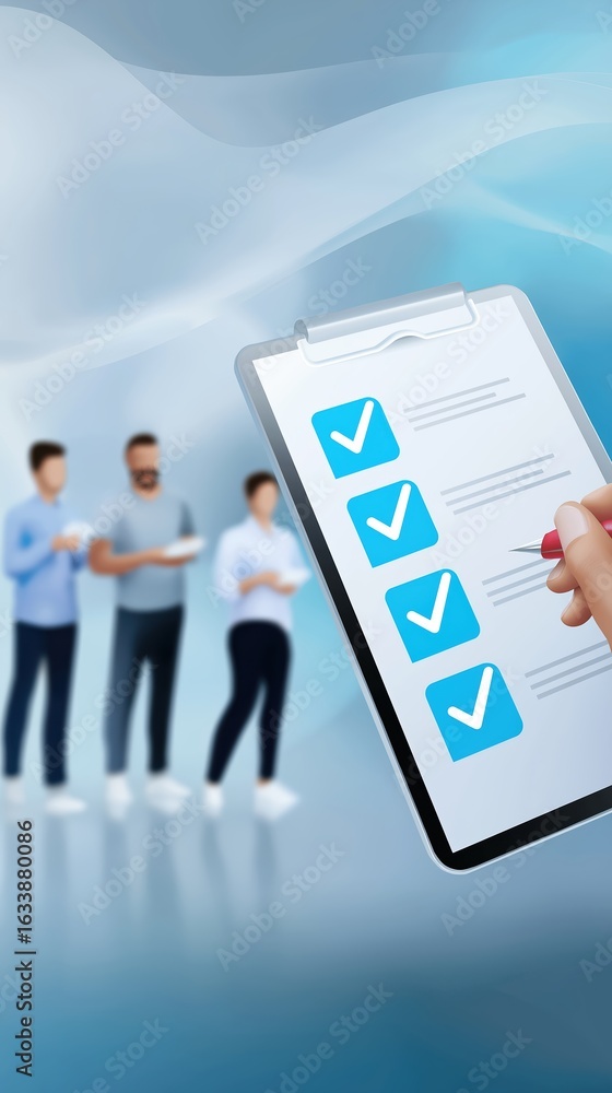 Aufkleber hand holding clipboard with checklist in foreground, while three individuals stand in background, en