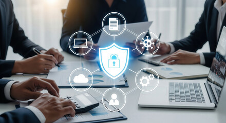 Business professionals collaborating on cybersecurity strategy, surrounded by technology and finance documents, with digital security icons illustrating data protection.