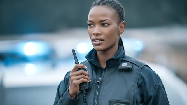 Policewoman communicating via radio under emergency lights