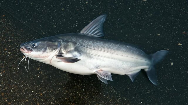 Freshly Caught Catfish on Dark Riverbed - A large catfish lies on a dark riverbed, its silvery-grey scales contrasting sharply with the background.