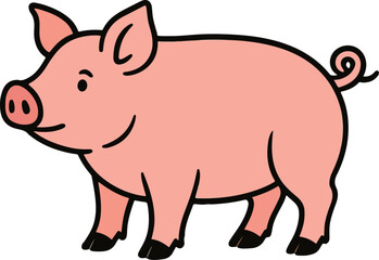 Fototapeta premium Cartoon Pig Illustration Featuring a Cute Pink Piggy with a Curly Tail and Black Hooves