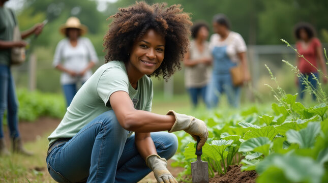Happy african american woman enjoy working of her community garden. Inclusive, support and belonging concept