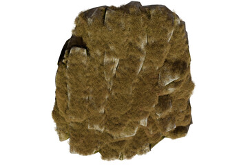 Overhead view of a digitally rendered or physically crafted, irregular-shaped rock formation heavily textured with a tan-brown, short, fibrous material resembling dried grass or moss